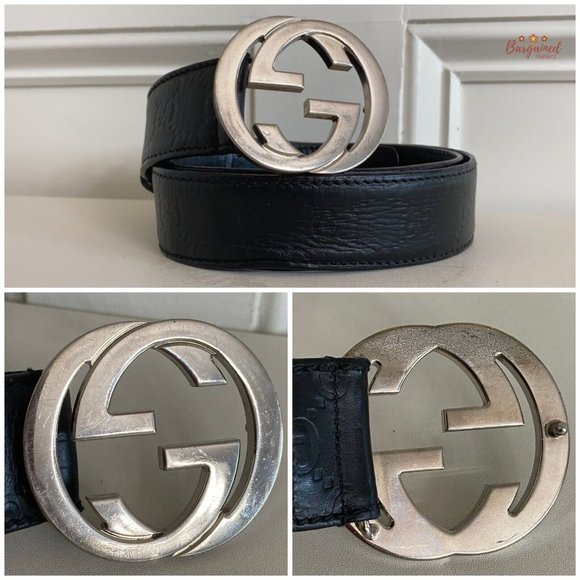 Authentic Gucci Black Guccissima Leather Silver Interlocking G Buckle Belt 95/38 - Picture 2 of 14